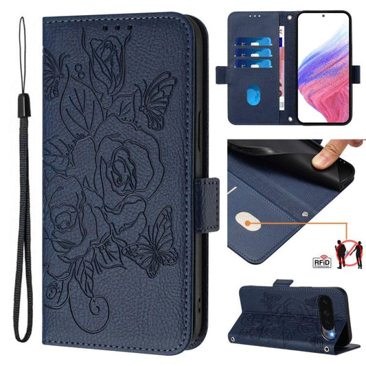 For Google Pixel 10 Pro XL 5G Global Embossed Rose RFID Anti-theft Leather Phone Case(Dark Blue) - Google Cases by buy2fix | Online Shopping UK | buy2fix