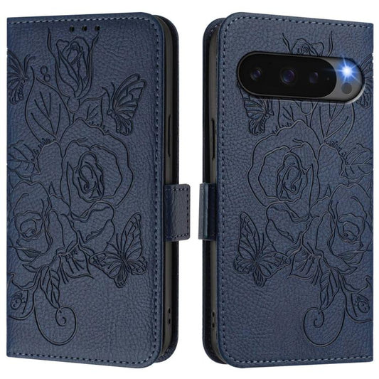 For Google Pixel 10 Pro XL 5G Global Embossed Rose RFID Anti-theft Leather Phone Case(Dark Blue) - Google Cases by buy2fix | Online Shopping UK | buy2fix