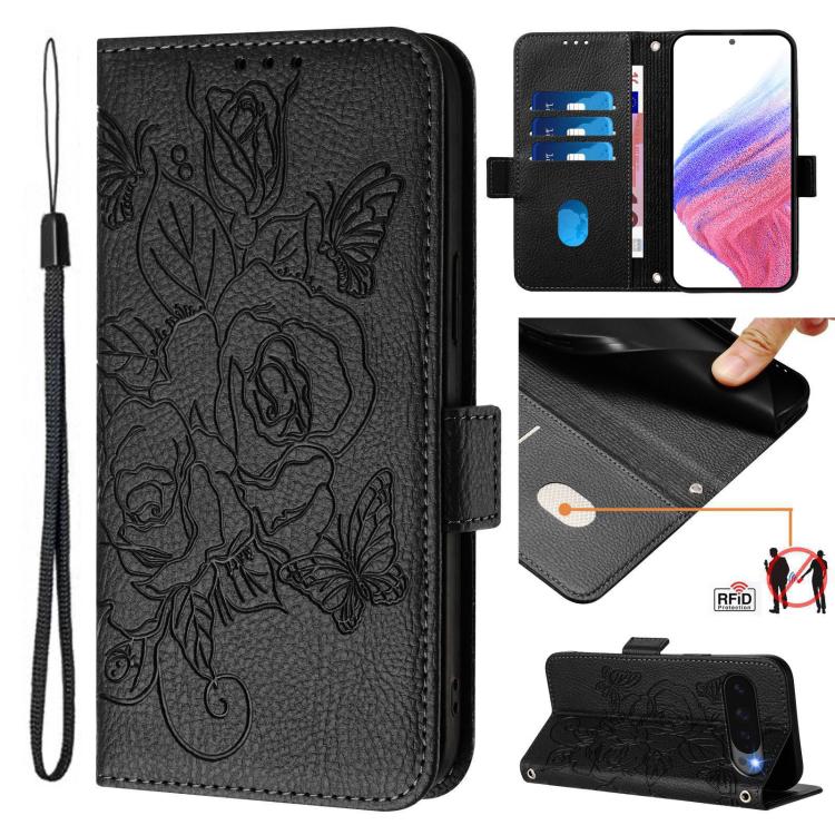 For Google Pixel 10 Pro XL 5G Global Embossed Rose RFID Anti-theft Leather Phone Case(Black) - Google Cases by buy2fix | Online Shopping UK | buy2fix