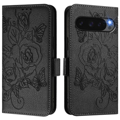 For Google Pixel 10 Pro XL 5G Global Embossed Rose RFID Anti-theft Leather Phone Case(Black) - Google Cases by buy2fix | Online Shopping UK | buy2fix