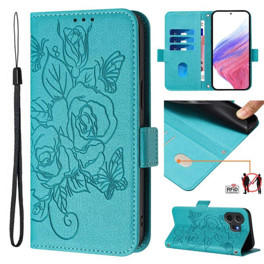 For TCL Nxtpaper 70 Pro 5G Embossed Rose RFID Anti-theft Leather Phone Case(Light Blue)