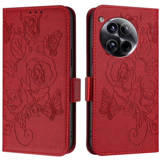 For OnePlus 12 5G Embossed Rose RFID Anti-theft Leather Phone Case(Red) - OnePlus Cases by buy2fix | Online Shopping UK | buy2fix