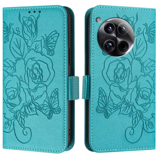 For OnePlus 12 5G Embossed Rose RFID Anti-theft Leather Phone Case(Light Blue) - OnePlus Cases by buy2fix | Online Shopping UK | buy2fix