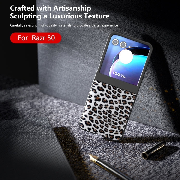For Motorola Razr 50 Black Edge Leopard Phone Case(Silver Leopard) by buy2fix