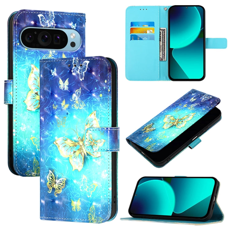 For Google Pixel 9 / 9 Pro 3D Painting Horizontal Flip Leather Phone Case(Golden Butterfly) by buy2fix