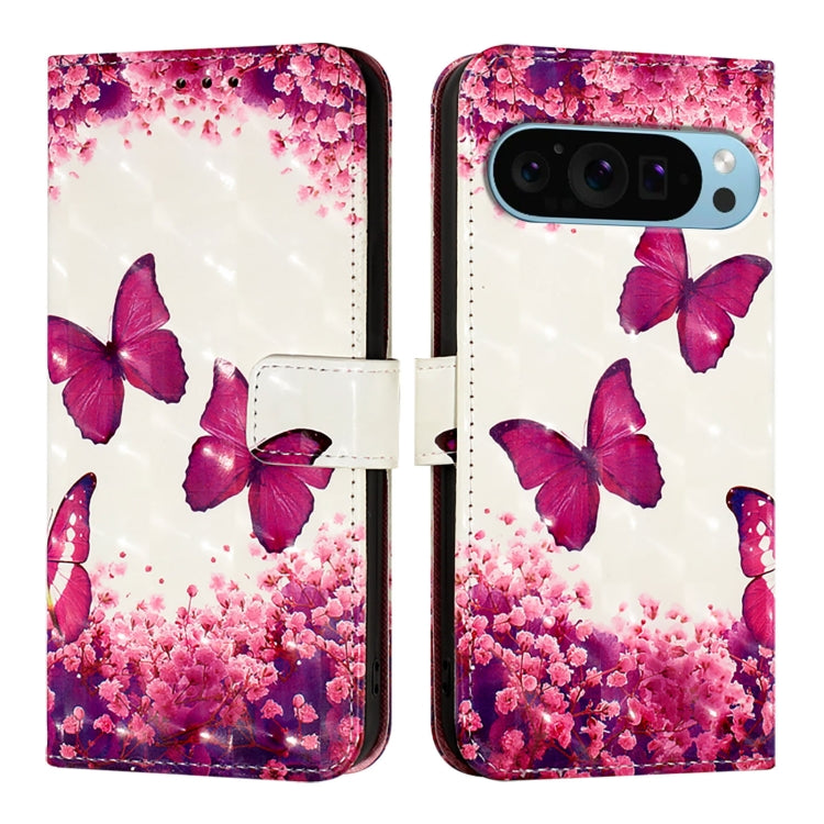 For Google Pixel 9 / 9 Pro 3D Painting Horizontal Flip Leather Phone Case(Rose Butterfly) by buy2fix