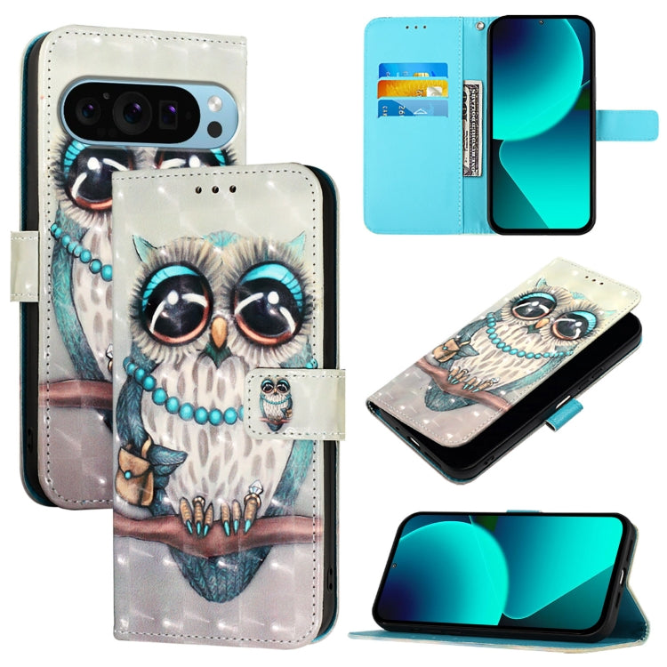 For Google Pixel 9 / 9 Pro 3D Painting Horizontal Flip Leather Phone Case(Grey Owl) by buy2fix