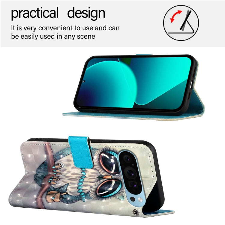 For Google Pixel 9 / 9 Pro 3D Painting Horizontal Flip Leather Phone Case(Grey Owl) by buy2fix