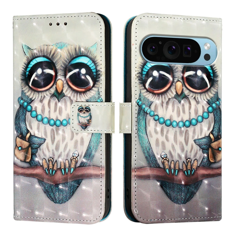 For Google Pixel 9 Pro XL 3D Painting Horizontal Flip Leather Phone Case(Grey Owl) by buy2fix