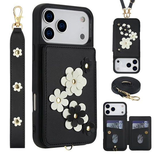 For iPhone 18 Pro Max / 17 Pro Max Crossbody Flower Pattern Leather Phone Case(Black)