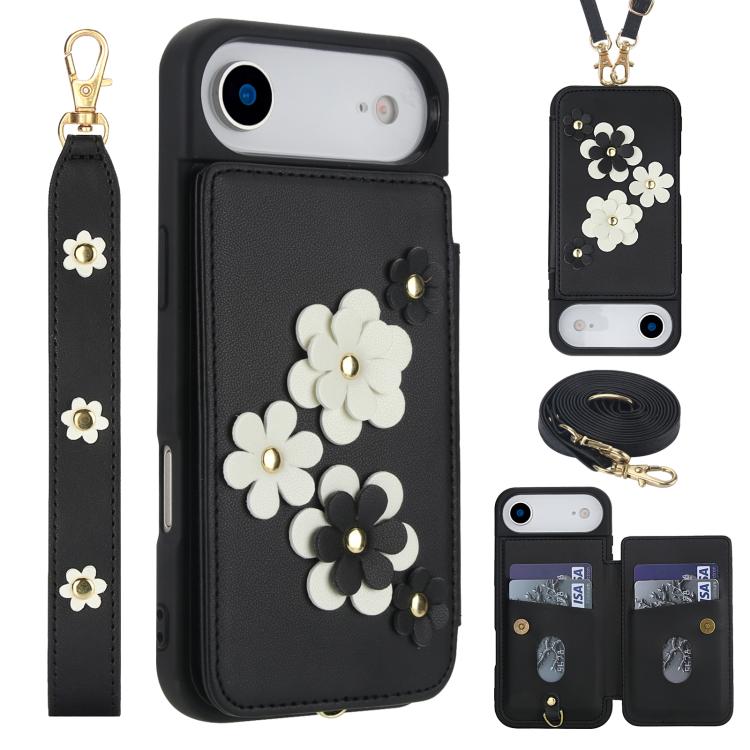For iPhone Air Crossbody Flower Pattern Leather Phone Case(Black) - iPhone Air Cases by buy2fix | Online Shopping UK | buy2fix