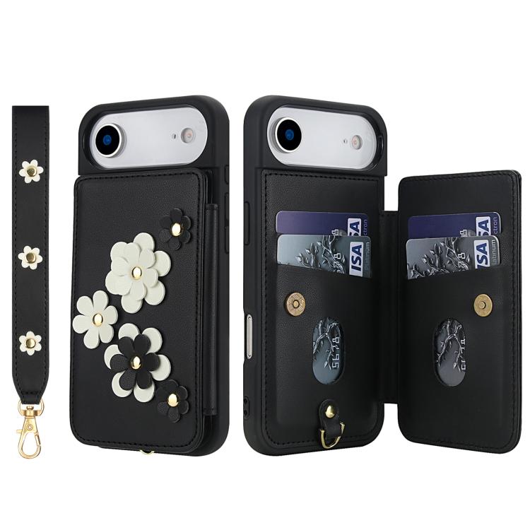 For iPhone Air Crossbody Flower Pattern Leather Phone Case(Black) - iPhone Air Cases by buy2fix | Online Shopping UK | buy2fix