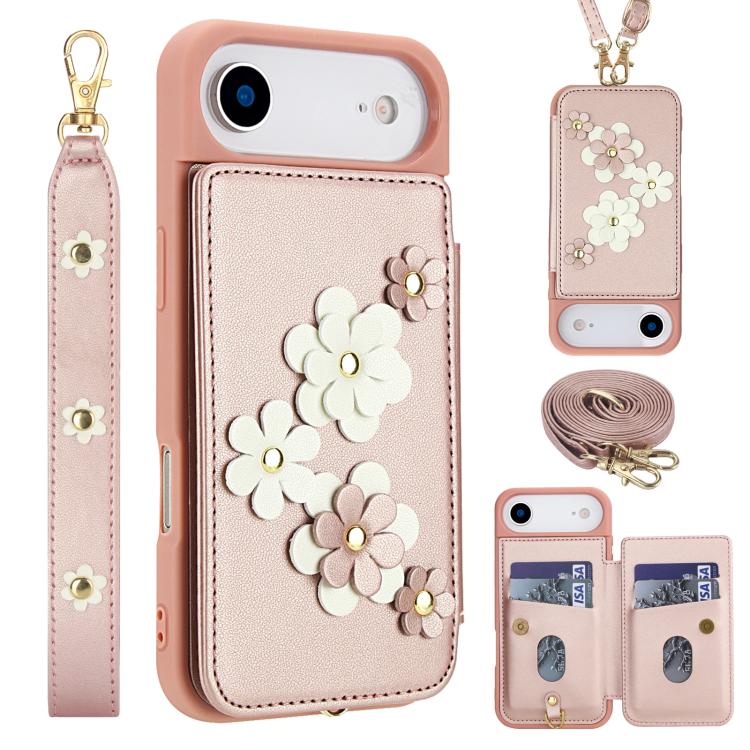 For iPhone Air Crossbody Flower Pattern Leather Phone Case(Rose Gold) - iPhone Air Cases by buy2fix | Online Shopping UK | buy2fix