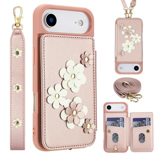 For iPhone Air Crossbody Flower Pattern Leather Phone Case(Rose Gold) - iPhone Air Cases by buy2fix | Online Shopping UK | buy2fix