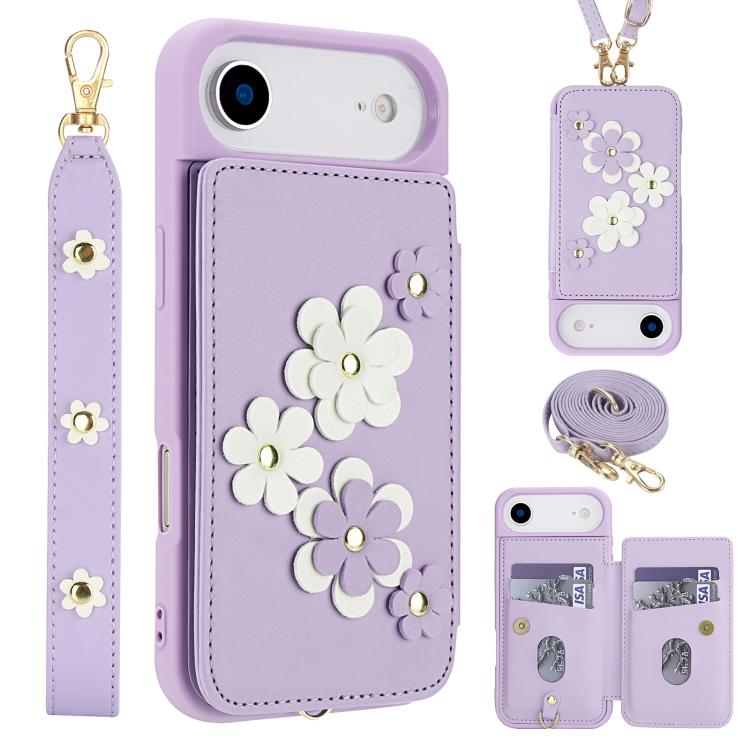 For iPhone Air Crossbody Flower Pattern Leather Phone Case(Purple) - iPhone Air Cases by buy2fix | Online Shopping UK | buy2fix