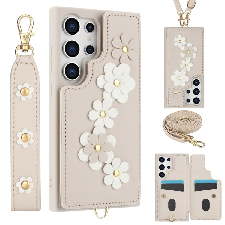 For Samsung Galaxy S25 Ultra 5G Crossbody Flower Pattern Leather Phone Case(White) by buy2fix