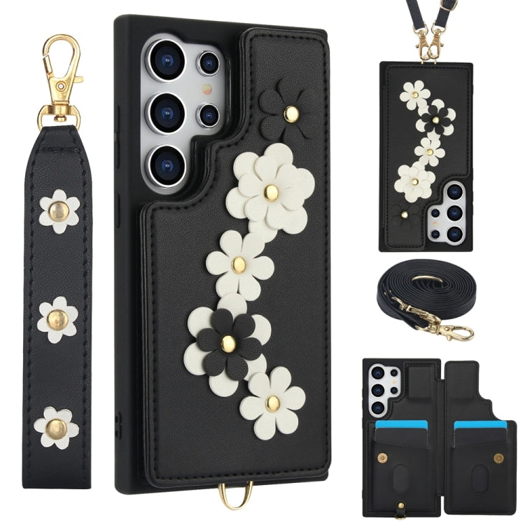 For Samsung Galaxy S25 Ultra 5G Crossbody Flower Pattern Leather Phone Case(Black) by buy2fix