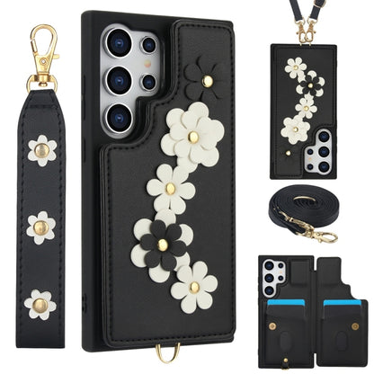 For Samsung Galaxy S25 Ultra 5G Crossbody Flower Pattern Leather Phone Case(Black) by buy2fix