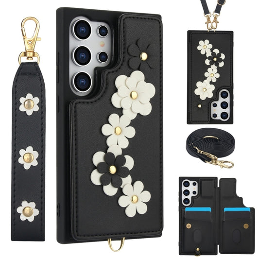 For Samsung Galaxy S25 Ultra 5G Crossbody Flower Pattern Leather Phone Case(Black) by buy2fix