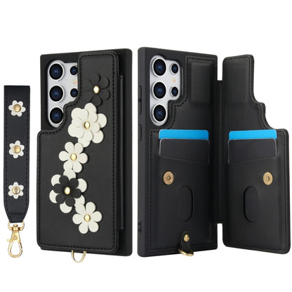 For Samsung Galaxy S25 Ultra 5G Crossbody Flower Pattern Leather Phone Case(Black) by buy2fix