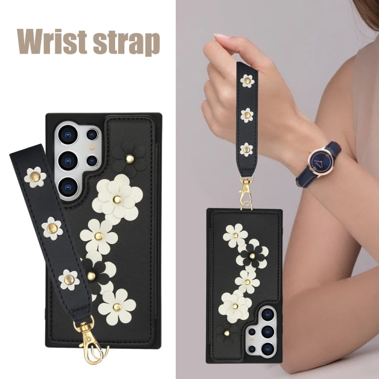 For Samsung Galaxy S25 Ultra 5G Crossbody Flower Pattern Leather Phone Case(Black) by buy2fix