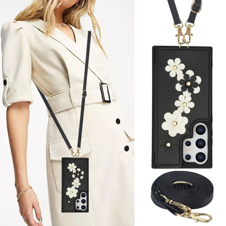 For Samsung Galaxy S25 Ultra 5G Crossbody Flower Pattern Leather Phone Case(Black) by buy2fix