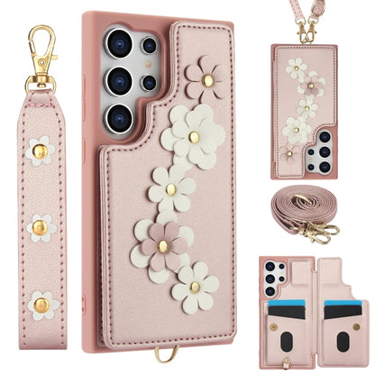 For Samsung Galaxy S25 Ultra 5G Crossbody Flower Pattern Leather Phone Case(Rose Gold) by buy2fix