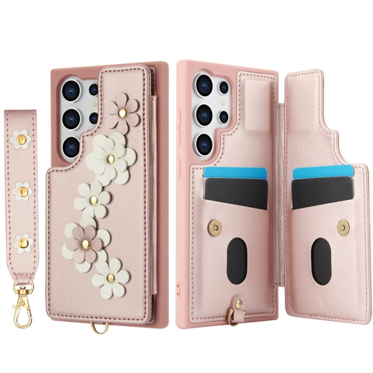 For Samsung Galaxy S25 Ultra 5G Crossbody Flower Pattern Leather Phone Case(Rose Gold) by buy2fix