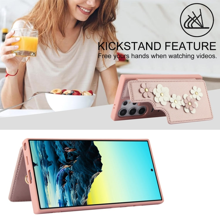 For Samsung Galaxy S25 Ultra 5G Crossbody Flower Pattern Leather Phone Case(Rose Gold) by buy2fix