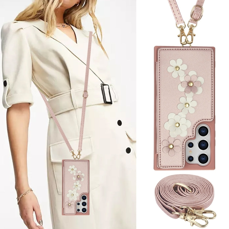 For Samsung Galaxy S25 Ultra 5G Crossbody Flower Pattern Leather Phone Case(Rose Gold) by buy2fix