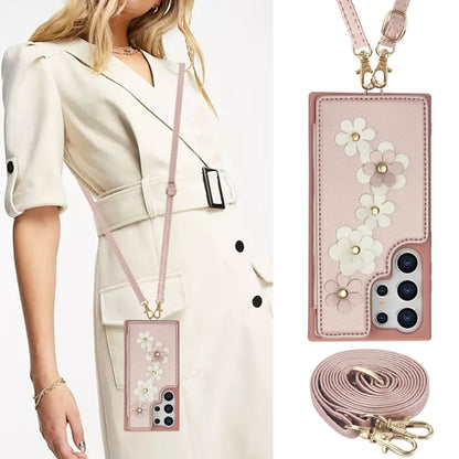 For Samsung Galaxy S25 Ultra 5G Crossbody Flower Pattern Leather Phone Case(Rose Gold) by buy2fix