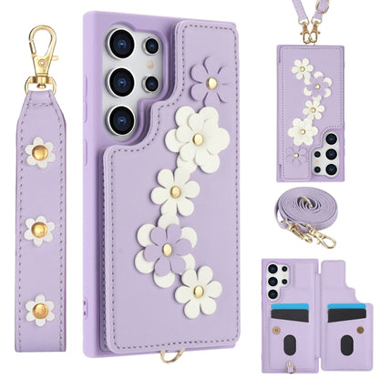 For Samsung Galaxy S25 Ultra 5G Crossbody Flower Pattern Leather Phone Case(Purple) by buy2fix