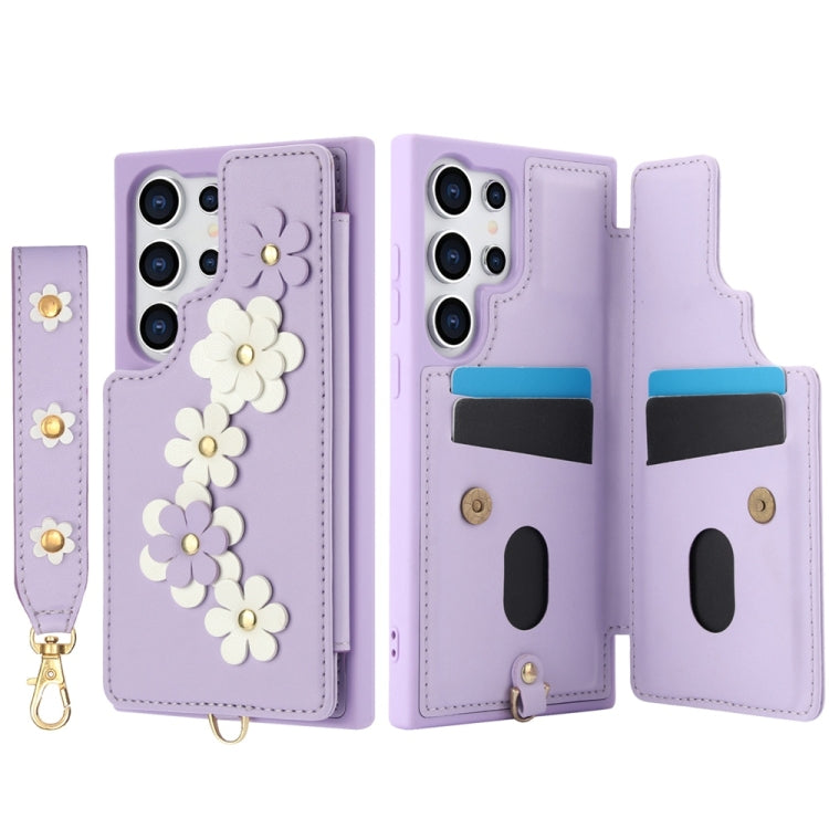 For Samsung Galaxy S25 Ultra 5G Crossbody Flower Pattern Leather Phone Case(Purple) by buy2fix