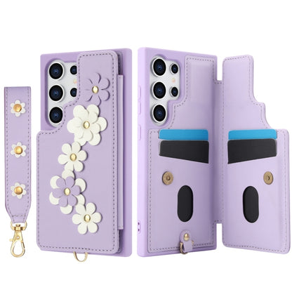 For Samsung Galaxy S25 Ultra 5G Crossbody Flower Pattern Leather Phone Case(Purple) by buy2fix