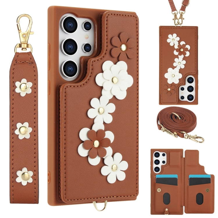 For Samsung Galaxy S25 Ultra 5G Crossbody Flower Pattern Leather Phone Case(Brown) by buy2fix