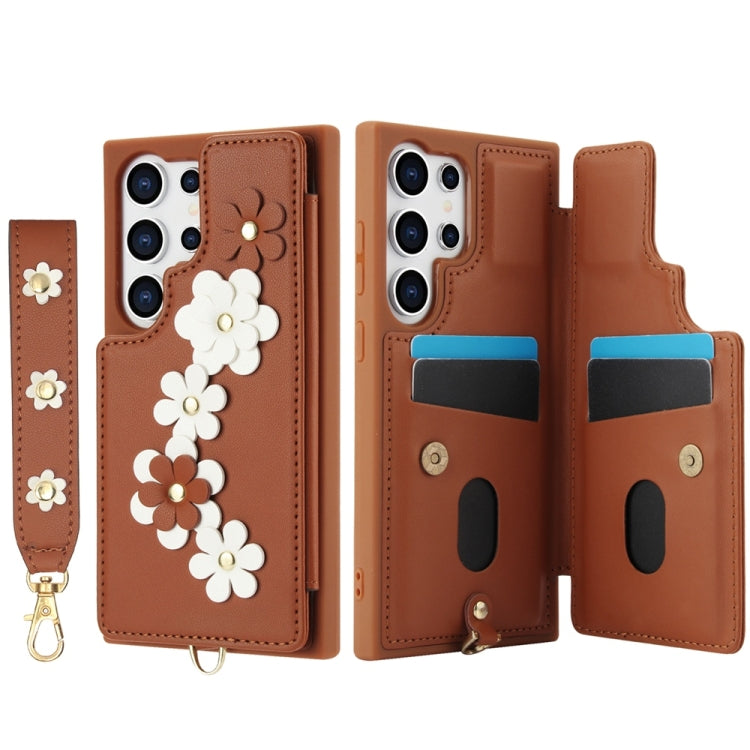 For Samsung Galaxy S25 Ultra 5G Crossbody Flower Pattern Leather Phone Case(Brown) by buy2fix
