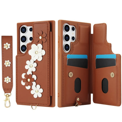 For Samsung Galaxy S25 Ultra 5G Crossbody Flower Pattern Leather Phone Case(Brown) by buy2fix