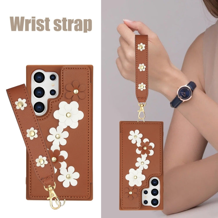 For Samsung Galaxy S25 Ultra 5G Crossbody Flower Pattern Leather Phone Case(Brown) by buy2fix