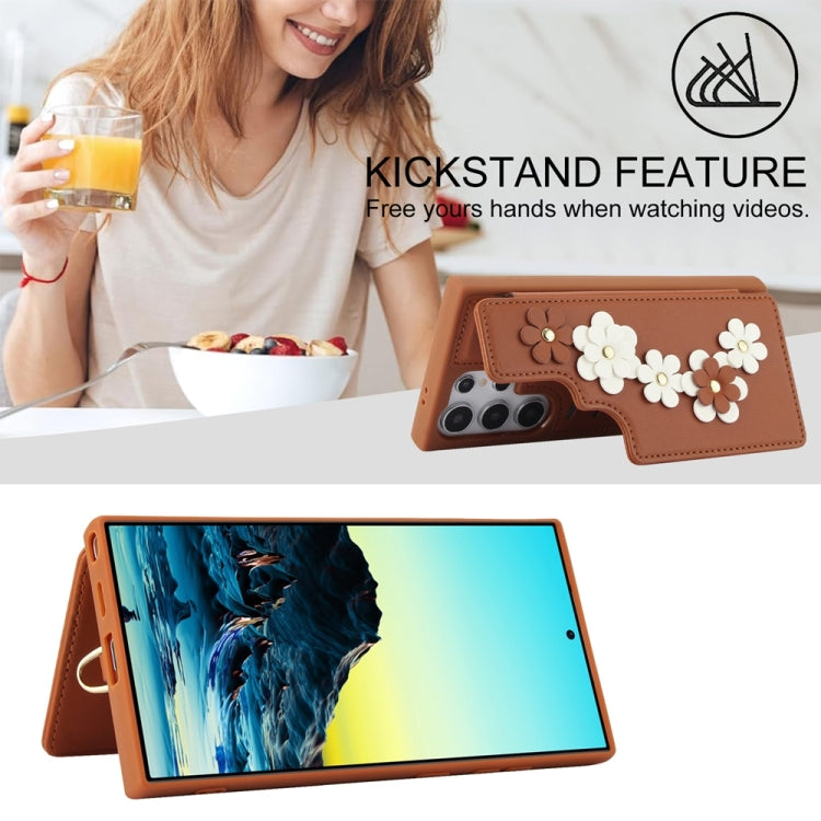 For Samsung Galaxy S25 Ultra 5G Crossbody Flower Pattern Leather Phone Case(Brown) by buy2fix