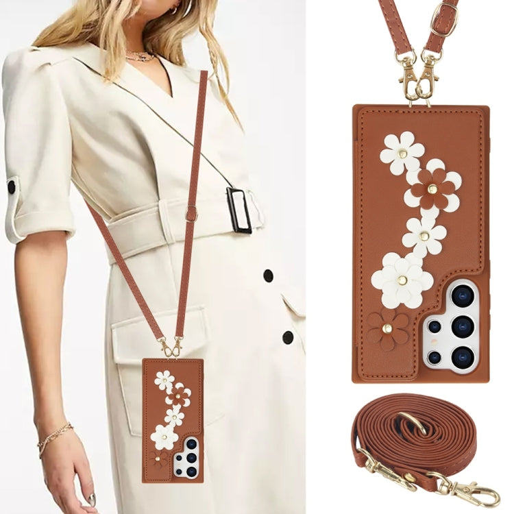 For Samsung Galaxy S25 Ultra 5G Crossbody Flower Pattern Leather Phone Case(Brown) by buy2fix