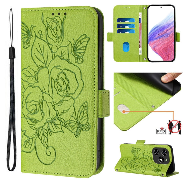 For Tecno Spark Go 2024 / Spark 20C Embossed Rose RFID Anti-theft Leather Phone Case(Green) by buy2fix