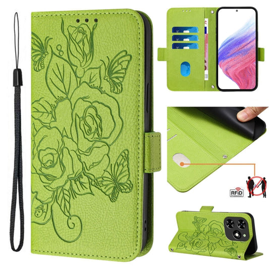 For Tecno Spark Go 2024 / Spark 20C Embossed Rose RFID Anti-theft Leather Phone Case(Green) by buy2fix
