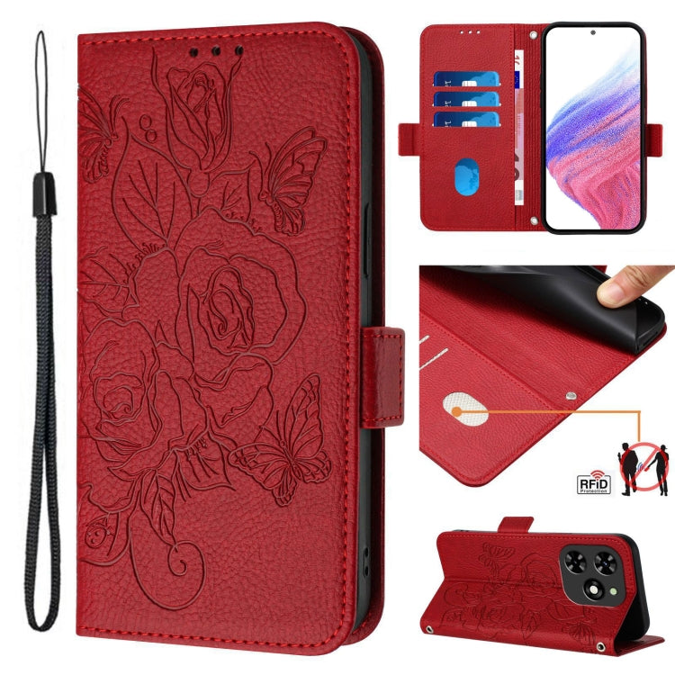 For Tecno Spark Go 2024 / Spark 20C Embossed Rose RFID Anti-theft Leather Phone Case(Red) by buy2fix