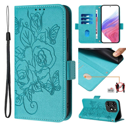 For Tecno Spark Go 2024 / Spark 20C Embossed Rose RFID Anti-theft Leather Phone Case(Light Blue) by buy2fix