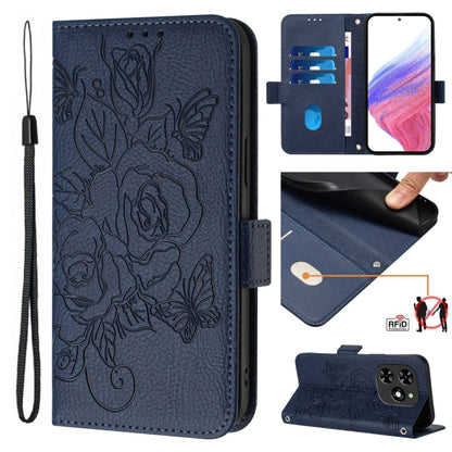 For Tecno Spark Go 2024 / Spark 20C Embossed Rose RFID Anti-theft Leather Phone Case(Dark Blue) by buy2fix