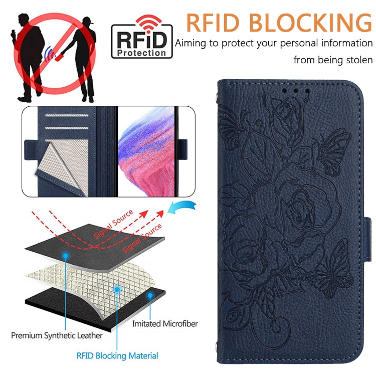 For Tecno Spark Go 2024 / Spark 20C Embossed Rose RFID Anti-theft Leather Phone Case(Dark Blue) by buy2fix