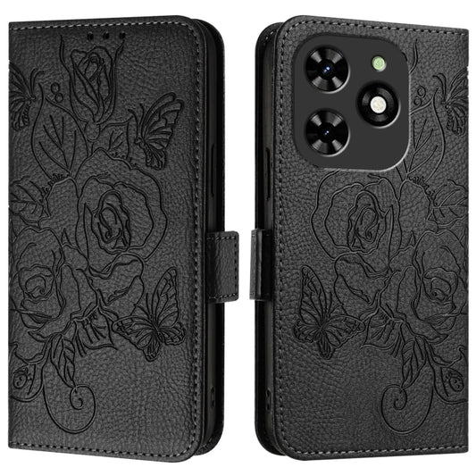 For Tecno Spark Go 2024 / Spark 20C Embossed Rose RFID Anti-theft Leather Phone Case(Black) by buy2fix