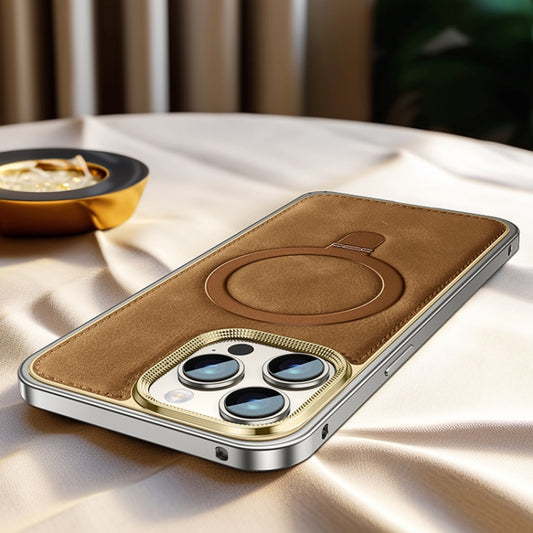 For iPhone 15 Pro Metal Frame Oil Wax Leather MagSafe Phone Case with Spring Buckle Stand(Brown) - iPhone 15 Pro Cases by buy2fix | Online Shopping UK | buy2fix