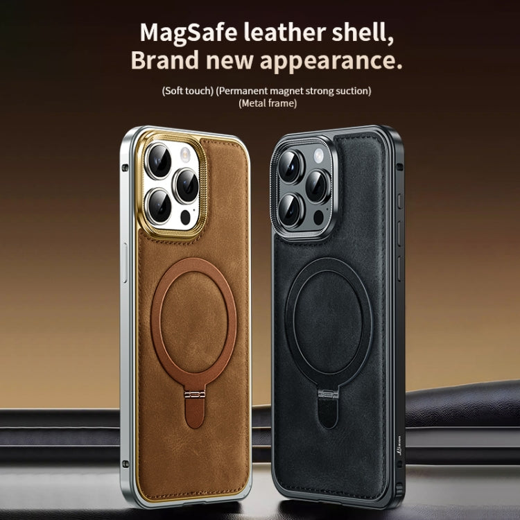 For iPhone 15 Pro Metal Frame Oil Wax Leather MagSafe Phone Case with Spring Buckle Stand(Grey) - iPhone 15 Pro Cases by buy2fix | Online Shopping UK | buy2fix