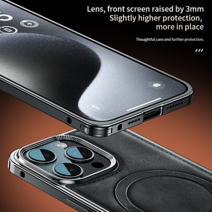 For iPhone 15 Pro Metal Frame Oil Wax Leather MagSafe Phone Case with Spring Buckle Stand(Grey) - iPhone 15 Pro Cases by buy2fix | Online Shopping UK | buy2fix
